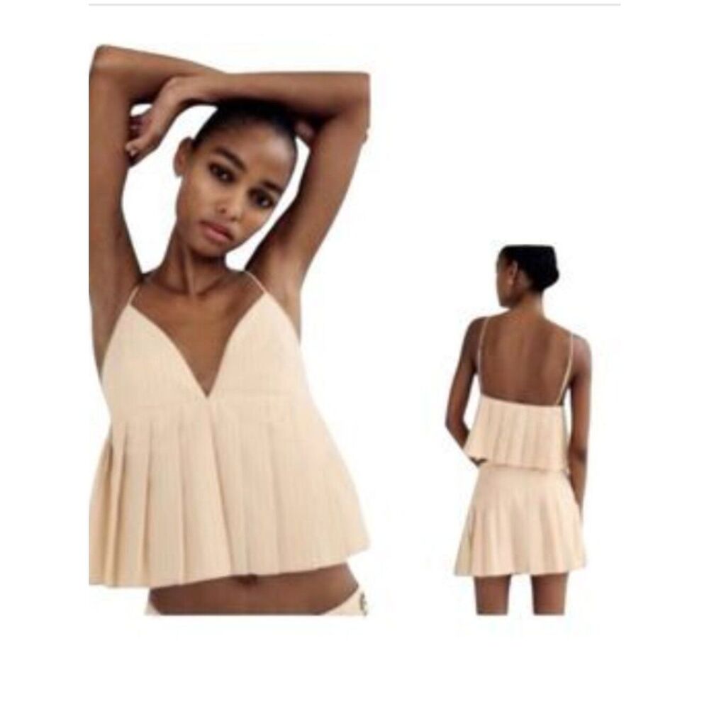 ✨New Zara Pleated Spaghetti Strap Crop Top Beige - 100% cotton - Size L - NWT✨ - Picture 2 of 4